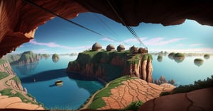 masterpiece, high quality, highres, 2D, illustration, anime, landscape of a cave, Aboriginal stone spherical huts, round windows, metal spikes on the roofs, cable car to huts on steep cliffs
,disney pixar style