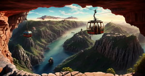 masterpiece, high quality, highres, 2D, illustration, anime, landscape of a cave, Aboriginal stone spherical huts, round windows, metal spikes on the roofs, cable car to huts on steep cliffs
,disney pixar style,Color Booster