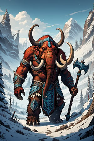 highly detailed and dramatic scene, a towering fluffy red mammoth warrior in a snowy mountain, DnD style, the mammoth warrior stands proudly, its massive form clads in rugged tribal armor made of bones and leather and metal, its tusks are adorned with intricate carvings and glowing runes, and it wields a gigantic ornate battle axe, Snow falls gently around the warrior, and the mountain is dense with tall snow-covered trees, The ground is blanketed in snow, The atmosphere is tense and mystical, cold blue-tinted light filtering through the trees, The mammoth's eyes glow