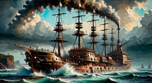 An imaginative and impressionist depiction of a steam punk, tattered, and battle-worn appearance of a large wood hulled ship, with vibrant, focused brushstrokes capturing every detail. A focused impressionist image where every brushstroke is sharp and clear. Color palette blends muted, earthy tones with vibrant accents, enhancing the depth and atmosphere of the scene. Every detail in the image in sharp focus. Distinct forms and shapes in the background should suggest a looming storm.,SteamPunkNoireAI,palette knife painting,tpship