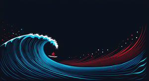 On a black background,
Surfer on a wave
made of blue and red reflective glass, bioluminescence, (Logo art design). Minimalist vector graphic design,