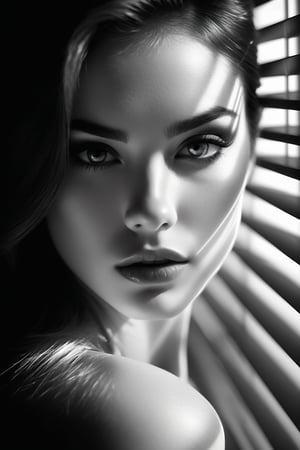 Create a black and white image of a female face partially covered by shadows cast by venetian blinds. The shadows from the blinds create diagonal light and dark lines crossing the face, particularly highlighting the eyes and lips. The facial expression is serious and enigmatic, with dramatic lighting that accentuates the contours and textures of the face. The image has high contrast, emphasizing the difference between light and shadow, and the composition is artistic and sophisticated,
a telephoto shot, 1000mm lens, f2,8 , grunge style, illustration, 