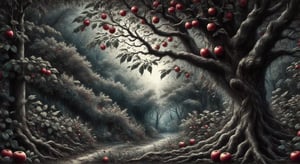 Garden of Eden, Eden, Adam and Eve, Tree of Paradise, Red apple hanging on a branch..
high resolution and contrast and colour contrast,  dark palette,  intricately textured and extremely expressively detailed, detailmaster2,  fine artwork,  ultra quality,  epic view ,CharcoalDarkStyle,charcoal drawing,ink art,line art illustration