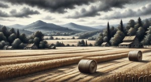 combine, wheat field, haystacks, forest edge,
high resolution and contrast and colour contrast,  dark palette,  intricately textured and extremely expressively detailed, detailmaster2,  fine artwork,  ultra quality,  epic view ,CharcoalDarkStyle,charcoal drawing,ink art,line art illustration