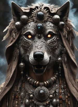 incredible depiction of a anthropomorphic wolf mask shaman, ancient and old, ornate trinkets, elaborate, tribal, beautiful, highly detailed and intricate, hypermaximalist, ornate, luxury, ominous, smoke, atmospheric desert, haunting, matte painting, cinematic, cgsociety, Antonio J. Manzanedo, Vladimir Matyukhin, Brian froud