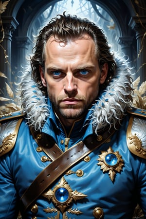 famous artwork by (magali villeneuve:1.2), detailed expressive blue eyes, fantasy blue style, it is covered in fluffy tocker and stalks carefully, poster art, bold lines, expressive drawing,  award winning, (intricate details, masterpiece, best quality:1.4),
looking at viewer, dynamic pose
    in the style of nicola samori ,monster, The Fat, Greedy Marauder General:  and his eyes gleam with self-satisfaction. He wears an opulent military uniform, overloaded with shiny gold medals and ornate decorations, his jacket barely containing his bulk. T