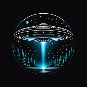 On a black background, UFO made of black and white reflective glass, bioluminescence, (Logo art design).