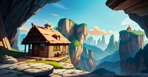 masterpiece, high quality, highres, 2D, illustration, anime, landscape of a cave, Aboriginal stone spherical huts, round windows, metal spikes on the roofs, cable car to huts on steep cliffs
,disney pixar style,1 girl ,best quality, ,thm style,n64style