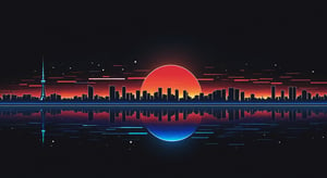 On a black background,
Sunset against the TOKIO
made of blue and red reflective glass, bioluminescence, (Logo art design).