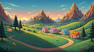 A colorful, vibrant, and whimsical cartoon world made entirely of candy, sweets, and desserts, inspired by the style of 'Wreck-It Ralph.' The scene is filled with towering candy canes, gumdrop mountains, and chocolate rivers, all rendered in bright, saturated colors. The sky is a swirl of cotton candy clouds in shades of pink and blue. In the foreground, lollipop trees and gingerbread houses are decorated with icing and sprinkles, while paths paved with gummy bears and marshmallows wind through the landscape. The inhabitants of this world are playful, friendly characters made of various sweets, with exaggerated, expressive features. The atmosphere is joyful and lighthearted, with a sense of adventure and fun. Everything in this world feels soft, sweet, and inviting, creating a nostalgic and heartwarming scene that bursts with charm and energy. The overall style is lively, with a strong emphasis on bright colors, rounded shapes, and a sense of childlike wonder.