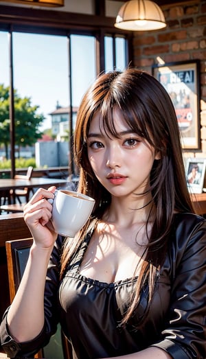 (masterpiece, top quality, best quality, official art, beautiful and aesthetic:1.2), hdr, high contrast, wideshot, 1girl, long black straight hair with bangs, clearly brown eyes, longfade eyebrow, soft make up, ombre lips, large breast, hourglass body, finger detailed, BREAK wearing barista suit, (coffee shop theme:1.5), light smile, coffee shop background detailed, by KZY, BREAK frosty, ambient lighting, extreme detailed, cinematic shot, realistic ilustration, (soothing tones:1.3), (hyperdetailed:1.2)