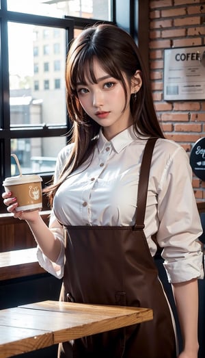 (masterpiece, top quality, best quality, official art, beautiful and aesthetic:1.2), hdr, high contrast, wideshot, 1girl, long black straight hair with bangs, clearly brown eyes, longfade eyebrow, soft make up, ombre lips, large breast, hourglass body, finger detailed, BREAK wearing barista suit, (coffee shop theme:1.5), light smile, coffee shop background detailed, by KZY, BREAK frosty, ambient lighting, extreme detailed, cinematic shot, realistic ilustration, (soothing tones:1.3), (hyperdetailed:1.2),(straight_front_pose:0.8),looking_at_viewer