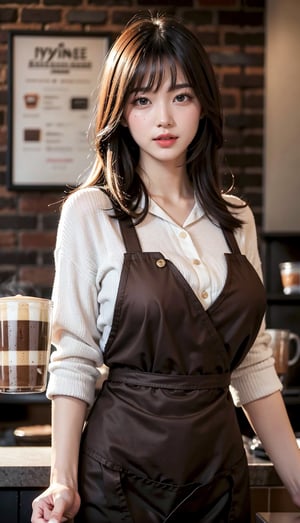 (masterpiece, top quality, best quality, official art, beautiful and aesthetic:1.2), hdr, high contrast, wideshot, 1girl, long black straight hair with bangs, clearly brown eyes, longfade eyebrow, soft make up, ombre lips, large breast, hourglass body, finger detailed, BREAK wearing barista suit, (coffee shop theme:1.5), light smile, coffee shop background detailed, by KZY, BREAK frosty, ambient lighting, extreme detailed, cinematic shot, realistic ilustration, (soothing tones:1.3), (hyperdetailed:1.2),(straight_front_pose:0.8),looking_at_viewer