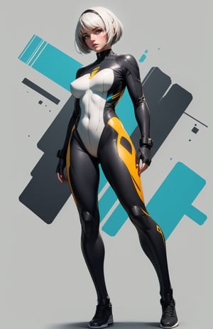 4K,hight resolution,One Woman, grey bobcut hair, Colossal, blue and yellow Cybersuit, Bodysuit, simple_background, full body, perfect body,Grt2c