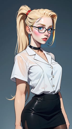  ((Masterpiece, Highest quality)), Detailed face, (character design sheet), full bodyesbian, Full of details, frontal body view, back body view, Highly detailed, Depth, Many parts, Multiple poses and expressions (blond_hair, long_ponytail, glasses,) (light blue eyes), 20 years old, dominant gorgeous girl, same character, (woman pale skin), serious, red lips, (lab suit), girl tall, choker, (Sexy lab Lady ), glasses, short black skirt, white shirt, pantyhose,