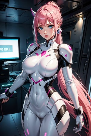 4K,hight resolution,One Woman,pink hair,poneyTail.Green eyes,Colossal ,White Cybersuit,Bodysuits,Longsword,Underground base