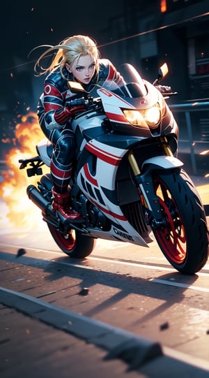 cammy white motorcycle driving high speed through the city (speeding), (slow motion: 1.3), (motion blur: 1.3), (speed line: 1.4), sense of speed, hot cammy white, glow eyes, sparks and tire smoke, cityscape background, camera on ground, high quality, high resolution, realistic details,Enhance,More Detail,cammy white,comic style