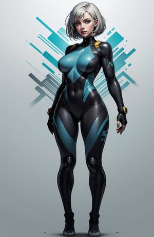 4K,hight resolution,One Woman, grey bobcut hair, Colossal, blue and yellow Cybersuit, Bodysuit, simple_background, full body, perfect body,Grt2c