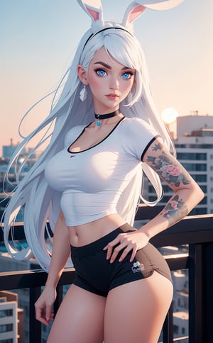 8k, photorealistic, high resolution, 1 gorgeous girl with name Anastasia, white hair,(choker), russian, blue eyes, long hair, bunny black ears, white shirt, tattoos in the arms, skimpy tight black shorts, thick thighs, light muscular, large breast, balcony,sunset, white sneakers
