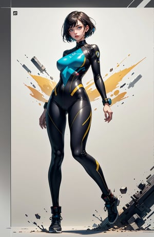 4K,hight resolution,One Woman, grey bobcut hair, Colossal, blue and yellow Cybersuit, Bodysuit, simple_background, full body, perfect body,Grt2c,highres