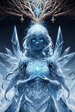 (Black and blue illustration of a ghostly female creature, ice statues on frozen tundra, shiny aura, highly detailed, crimson filigree, intricate motifs, organic tracery, glowing stardust sprinkled across the scenery, perfect composition, smooth, sharp focus, sparkling particles, dramatic natural light, intricate details, high resolution