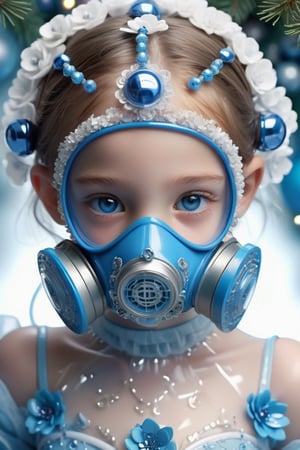 ultra Realistic, Extreme detailed, 1 girl 12years old, transparent respirator on facethe crown, can't believe it's out of this world Beautiful blue eyes,soft expression,Depth and Dimension in the Pupils, wearing a transparent bodysuit,made entirely of beaded floral embellishments, the skin color is closer to white,gas mask, Christmas Fantasy World