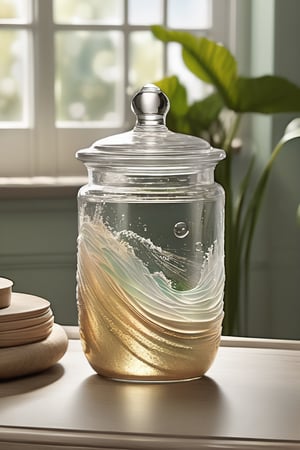 A beautifully designed (((jar))) filled with liquid, with a (((gently cascading waterfall))), created through carefully crafted bubbles and swirls, reflecting the sun's rays, creating a tranquil oasis within the container