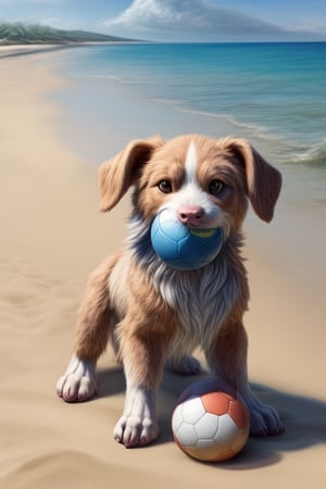 a Lagotto Romagnolo dog on the beach with a ball in his mouth