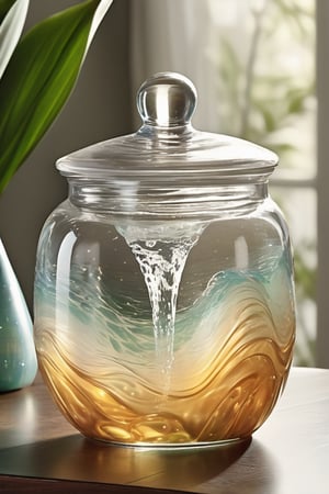 A beautifully designed (((jar))) filled with liquid, with a (((gently cascading waterfall))), created through carefully crafted bubbles and swirls, reflecting the sun's rays, creating a tranquil oasis within the container