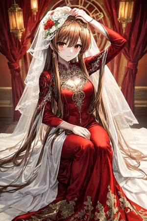 a anime bride wearing long red gown with full of embroidery heavy makeover open light brown straight hair and hair set on head