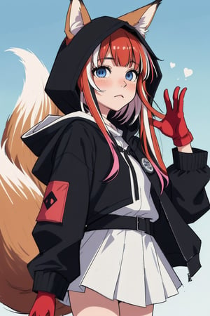 anime girl arknights, animal ears, bangs, black hair, black jacket, blue eyes, blush, closed mouth, commentary request, fox ears, fox tail, gloves, hara shoutarou, highres, holding, hood, hood up, jacket, long hair, looking at viewer, multicolored hair, multiple tails, oripathy lesion