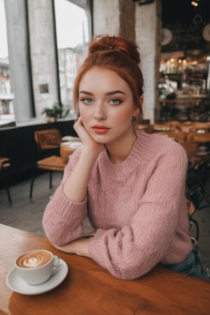 Height 181, green eye color, freckles on face, white skin color, wide eyebrow, dark orange hair color, ponytail hair, round and elongated pink, medium boobs  , medium hips, big legs, hourglass waist, American race  And Russian , big lips ،  At the cafe, a wooden table, sitting on a chair, white match top, chocolate and coffee mug on the table, red rose on the table, portrait photo, camera from the front, girl looking at the cobblestone street next to her