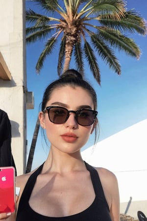 A 24-year-old young woman, height 180, chest size 80, white skin,  Hazel eyes , black hair, short Ponytail hairstyle, narrow nose, big cheeks, thin belly, big beautiful wide lips, black eyebrows, 
American race Wide eyebrows, long eyelashes, increased detail and quality 
 

Taking a selfie, white sunglasses, black crop, sunny sky, Artistic photo, leaning on a palm tree