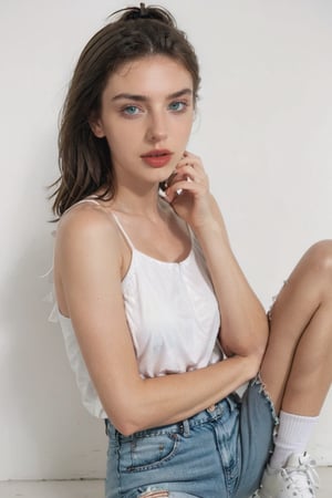 A white girl with short golden hair White skin, green eyes, wide lips, modeling, white background, black crop, pale blue ripped jeans, white sports shoes