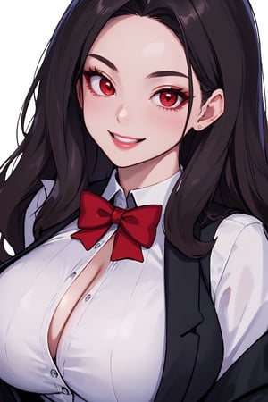 
Highly detailed.High Quality.Masterpiece. Beaitiful (close-up).

Young woman, 20 years old,tall, Similar to Zatanna, light skin and a good physical condition. She has big chest. large red eyes. She has long wavy Black hair. She wears a white shirt, bow tie and gloves, a low cut red vest, a black straight jacket. She is alone, but with a flirtatious smile on a theater.