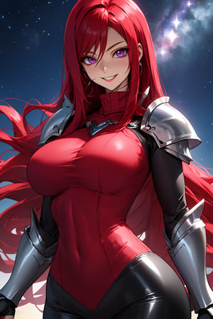 
Highly detailed.High Quality.Masterpiece. Beaitiful ( close-up).

Young woman, 22 years old, light skin and good physical condition. She has an extremely  voluptuous body, with big breasts. she has a platinum armor, short red sweter and black long pants. Her hair is reddish-pink (redder), wavy and short. He has big purple eyes. It's the same outfit as Erza. She is alone, but with a happy smile on her face enjoying a beautiful starry sky in Olympus.