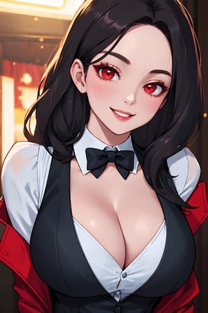 
Highly detailed.High Quality.Masterpiece. Beaitiful (close-up).

Young woman, 20 years old,tall, Similar to Zatanna, light skin and a good physical condition. She has big chest. large red eyes. She has long wavy Black hair. She wears a white shirt and gloves, a low cut red vest, a black blazer and red jacket. She is alone, but with a flirtatious smile on a theater.