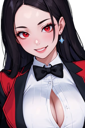 
Highly detailed.High Quality.Masterpiece. Beaitiful (close-up).

Young woman, 20 years old,tall, Similar to Zatanna, light skin and a good physical condition. She has big chest. large red eyes. She has long wavy Black hair. She wears a white shirt, bow tie and gloves, a low cut red vest, a black blazer . She is alone, but with a flirtatious smile on a theater.