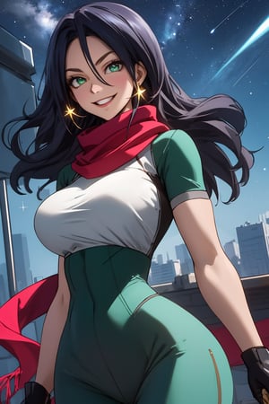 
Highly detailed.High Quality.Masterpiece. Beaitiful ( close-up).

A young woman of 20 years old, tall, muscular (not excessive), dark skin, tousled and frizzy black hair, bright turquoise eyes (close to green). She wears a black shirt, a red scarf, and dark gray pants.It's the same suit as Mary. She has  a extremely voluptuous body, with giant breaat. She is alone, but with a happy smile on her face enjoying a beautiful starry sky in city.