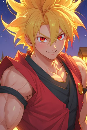 
Highly detailed.High Quality.Masterpiece. Beaitiful (medium close-up).

Young man of 20 years old (similar to Goku), with light brown skin, tall and with a great physique (muscular). He has short blond hair and messy bangs with a orange gradient with pink tips on the side strands. It has large, slightly slanted, bright red eyes. Basically her suit is like Tohru's, but it is a man's, with a red shirt and black pants. He is alone, with a light and cheerful smile on his face enjoying a beautiful night of moonlight and bright stars in the sky.