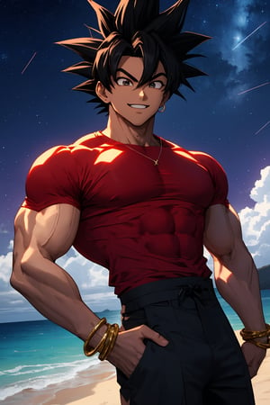 
Highly detailed.High Quality.Masterpiece. Beaitiful (mid shot).

Young man of 20 years old, dark skin, tall and with a great physique (muscular). His hair is black,  curly, short (very short), and has a spiky hairstyle similar Goku's, with two strands sticking out from the back of his head. It has large eyes (well detailed) and and cian color. He wears a short red t-shirt, blue bracelets and black pants. He is alone, but with a happy smile on his face enjoying a beautiful starry sky on a beach.