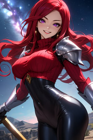 
Highly detailed.High Quality.Masterpiece. Beaitiful ( close-up).

Young woman, 22 years old, light skin and good physical condition. She has an extremely  voluptuous body, with big breasts. she has a platinum armor, short red sweter and black long pants. Her hair is reddish-pink (redder), wavy and short. He has big purple eyes. It's the same outfit as Erza. She is alone, but with a happy smile on her face enjoying a beautiful starry sky in Olympus.