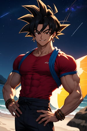 
Highly detailed.High Quality.Masterpiece. Beaitiful (mid shot).

Young man of 20 years old, dark skin, tall and with a great physique (muscular). His hair is black,  curly, short (very short), and has a spiky hairstyle similar Goku's, with two strands sticking out from the back of his head. It has large eyes (well detailed) and and cian color. He wears a short red t-shirt, blue bracelets and black pants. He is alone, but with a happy smile on his face enjoying a beautiful starry sky on a beach.