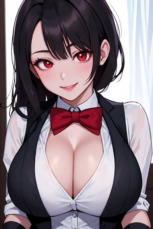 
Highly detailed.High Quality.Masterpiece. Beaitiful (close-up).

Young woman, 20 years old,tall, Similar to Zatanna, light skin and a good physical condition. She has big chest. large red eyes. She has long wavy Black hair. She wears a white shirt, bow tie and gloves, a low cut red vest, a black blazer . She is alone, but with a flirtatious smile on a theater.