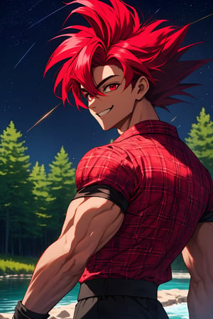 
Highly detailed.High Quality.Masterpiece. Beaitiful (mid close-up).

Young man, similar to Goku but with dark skin, 20 years old, tall and with a great physique (muscular). Her hair is reddish-pink (more red then pink), and has a spiky hairstyle, with two strands sticking out from the back of her head. He has large light red eyes. He has a red plaid shirt with some black details, white armbands and black pants. He is alone, but with a happy smile on his face enjoying a beautiful starry sky (it is daytime) in a green forest full of life an a river .