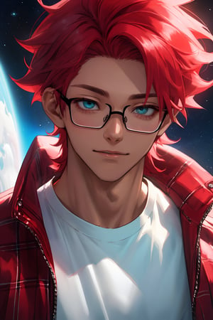 
Highly detailed.High Quality.Masterpiece. Beaitiful (close-up).

Young man of 20 years old, dark skin, tall and with a great physique (muscular). His hair is very reddis-pink (redder), curly, messy and short (very short). He has large turquoise eyes. He wears a short red plaid jacket and a Black t-shirt under the red one. He is alone, but with a slight smile on the space. Similar to Yuta. Black glasses.