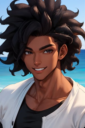 
Highly detailed.High Quality.Masterpiece. Beaitiful (mid close-up).

Young man of 20 years old, dark skin, tall and with a great physique (muscular). His hair is black, curly, messy, short (very short). It has big and light black color eyes. He wears a short gray t-shirt and black pants. He is alone, but with a happy smile on the beach.