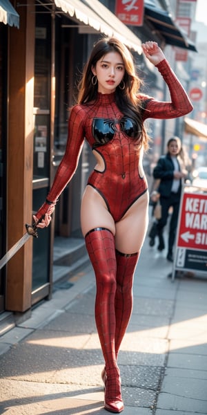 a beautiful and cute Woman wearing a  spider man suit and Without mask ,Without a helmet , disfigured forms, holding a sword, looking at forward fighting pose.
walking in the street buying food for breakfast masterpiece, with ambience light, photorealistic, best quality, skin details, 8k intri, HDR, full_body, cinematic lighting, sharp focus, eyeliner, lips, earrings, hmmikasa,Detailedface,Extremely Realistic