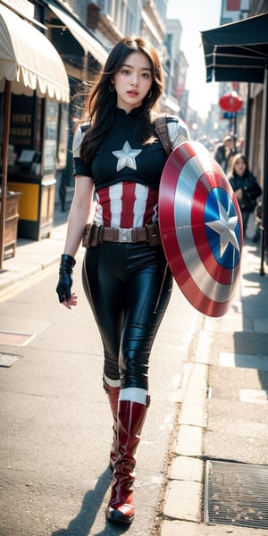 a beautiful and cute Woman wearing a  captain America suit and Without mask ,Without a helmet , disfigured forms, holding a Captain America's shield, looking at forward fighting pose.
walking in the street buying food for breakfast masterpiece, with ambience light, photorealistic, best quality, skin details, 8k intri, HDR, full_body, cinematic lighting, sharp focus, eyeliner, lips, earrings, hmmikasa,Detailedface,Extremely Realistic