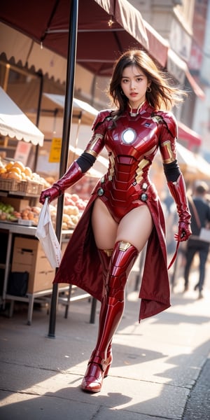 a beautiful and cute Woman wearing a  iron man suit and Without mask ,Without a helmet , disfigured forms, holding a sword, looking at forward fighting pose.
walking in the market buying food to break the fast masterpiece, with ambience light, photorealistic, best quality, skin details, 8k intri, HDR, half body, cinematic lighting, sharp focus, eyeliner, lips, earrings, hmmikasa,Detailedface,Extremely Realistic